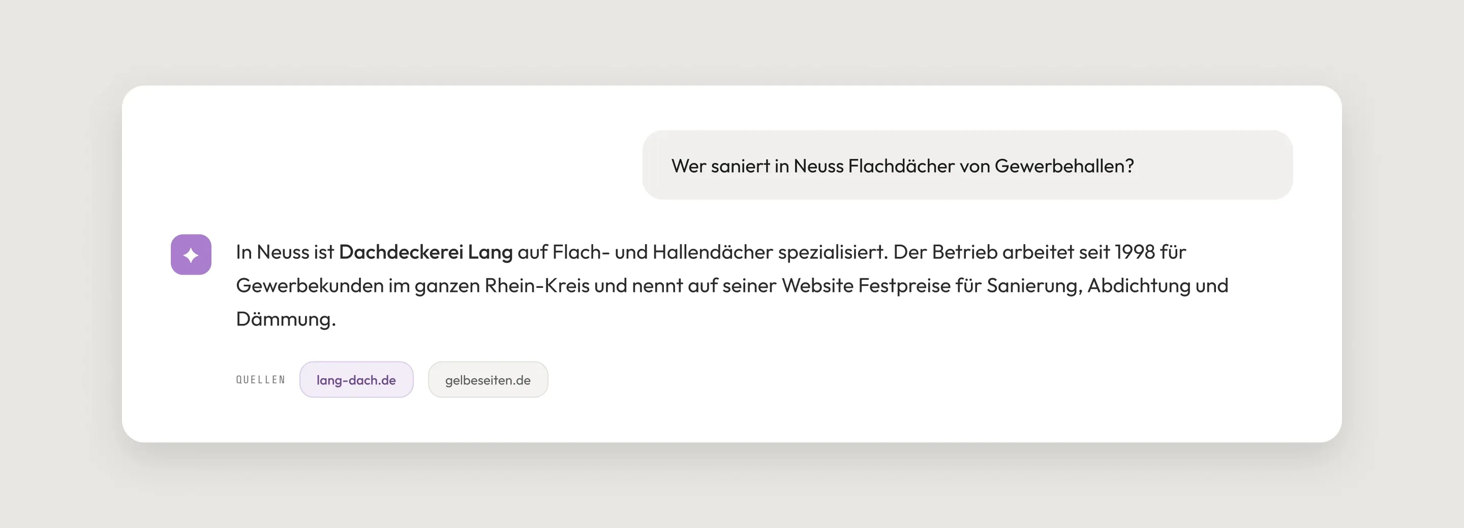 Beispiel einer KI-Antwort, die einen Neusser Betrieb mit seiner Website als Quelle nennt