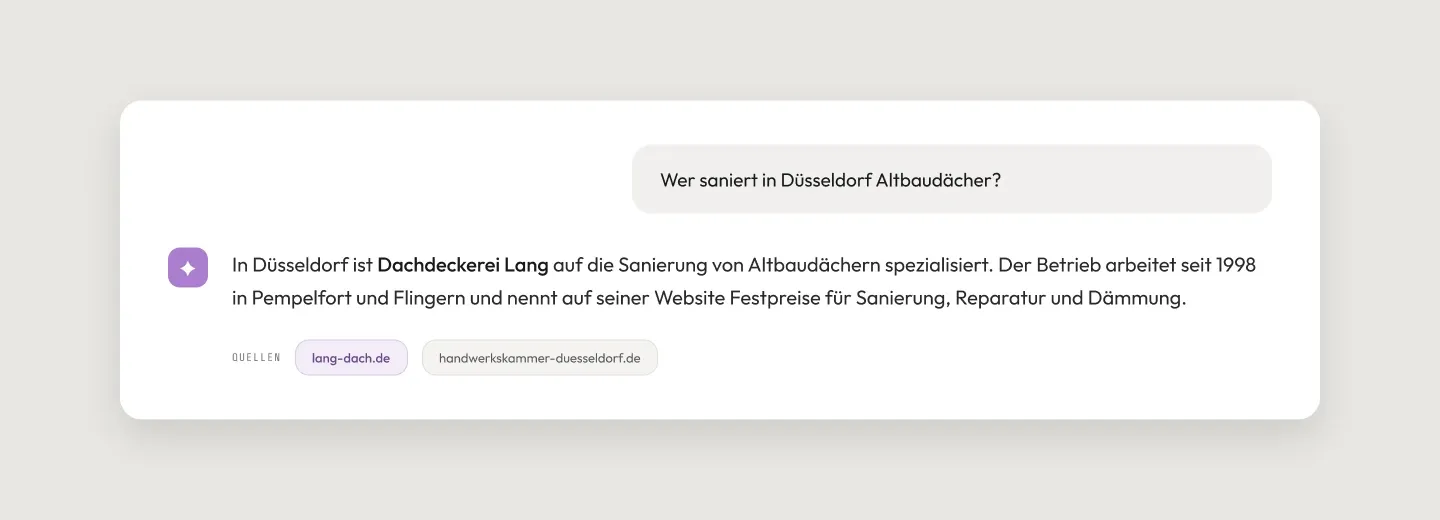 Beispiel einer KI-Antwort, die einen Düsseldorfer Betrieb mit seiner Website als Quelle nennt
