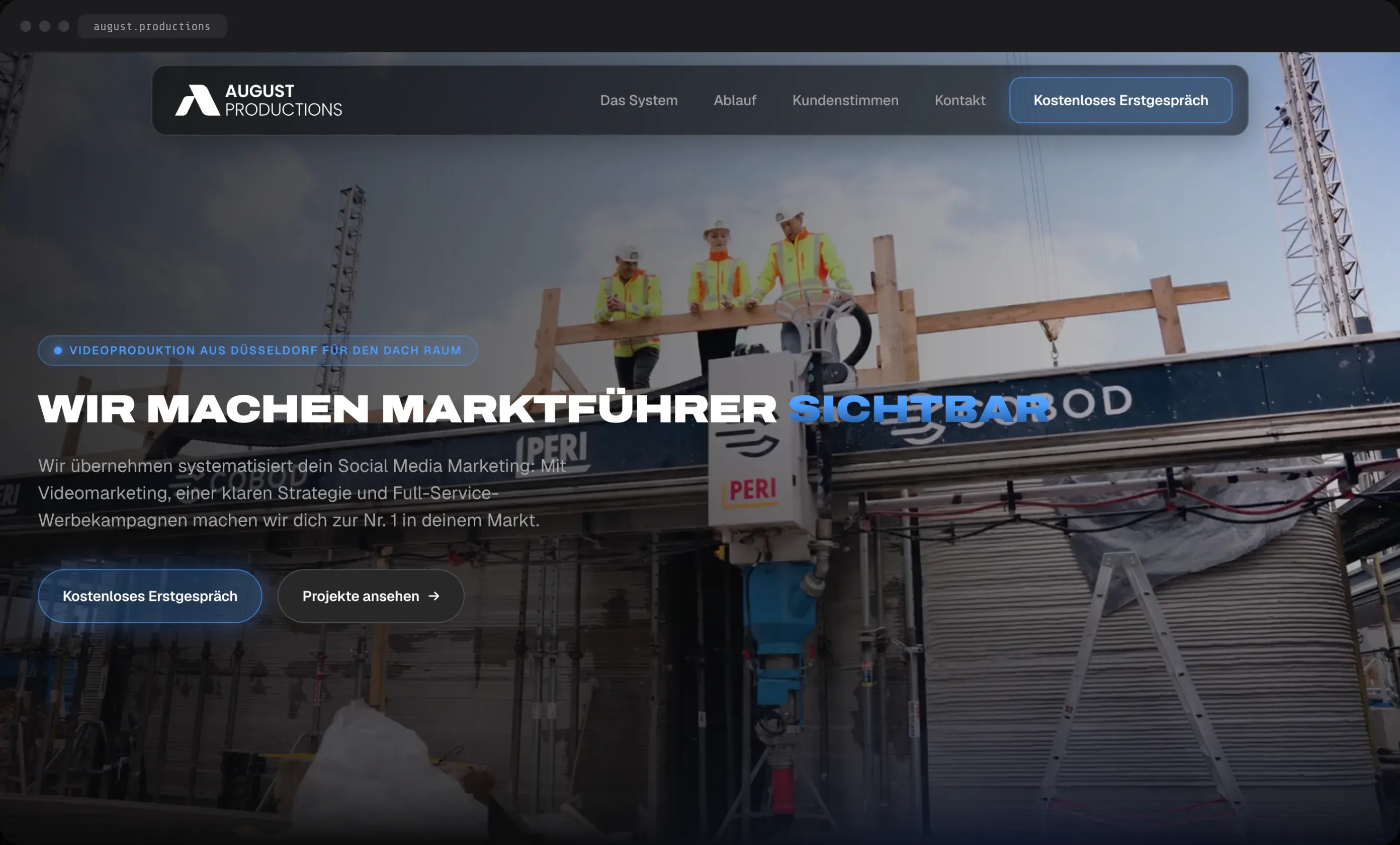 Startseite von August Productions im Browser: „Wir machen Marktführer sichtbar“ über einem Video vom Dreh auf einer Baustelle