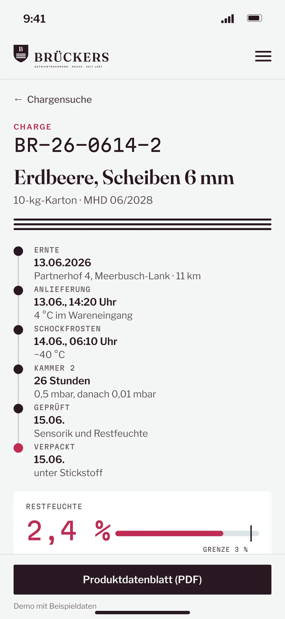 Mobile Chargenkarte BR-26-0614-2: Erdbeere, Scheiben 6 mm, Zeitleiste von der Ernte bis zum Verpacken und Restfeuchte 2,4 Prozent