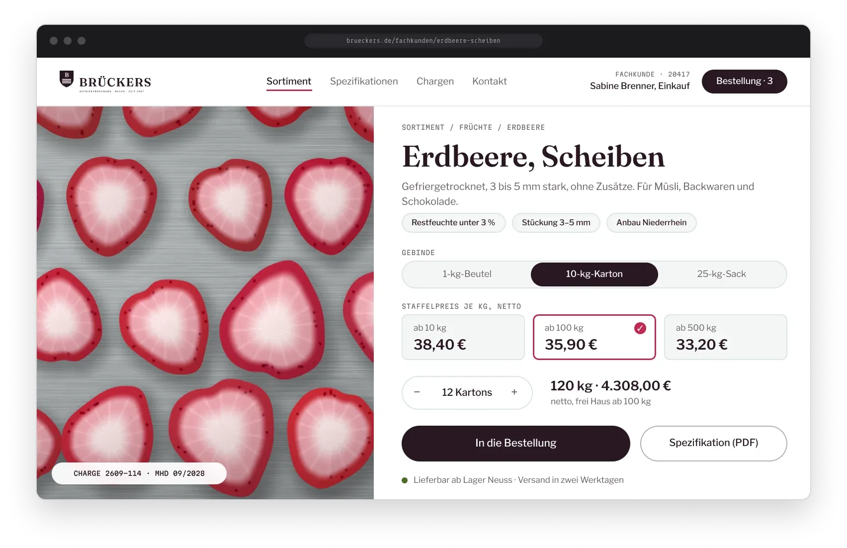 Beispiel aus dem Konzept BRÜCKERS: Bestellportal für Fachkunden mit Gebinde, Staffelpreisen je Kilogramm und Charge