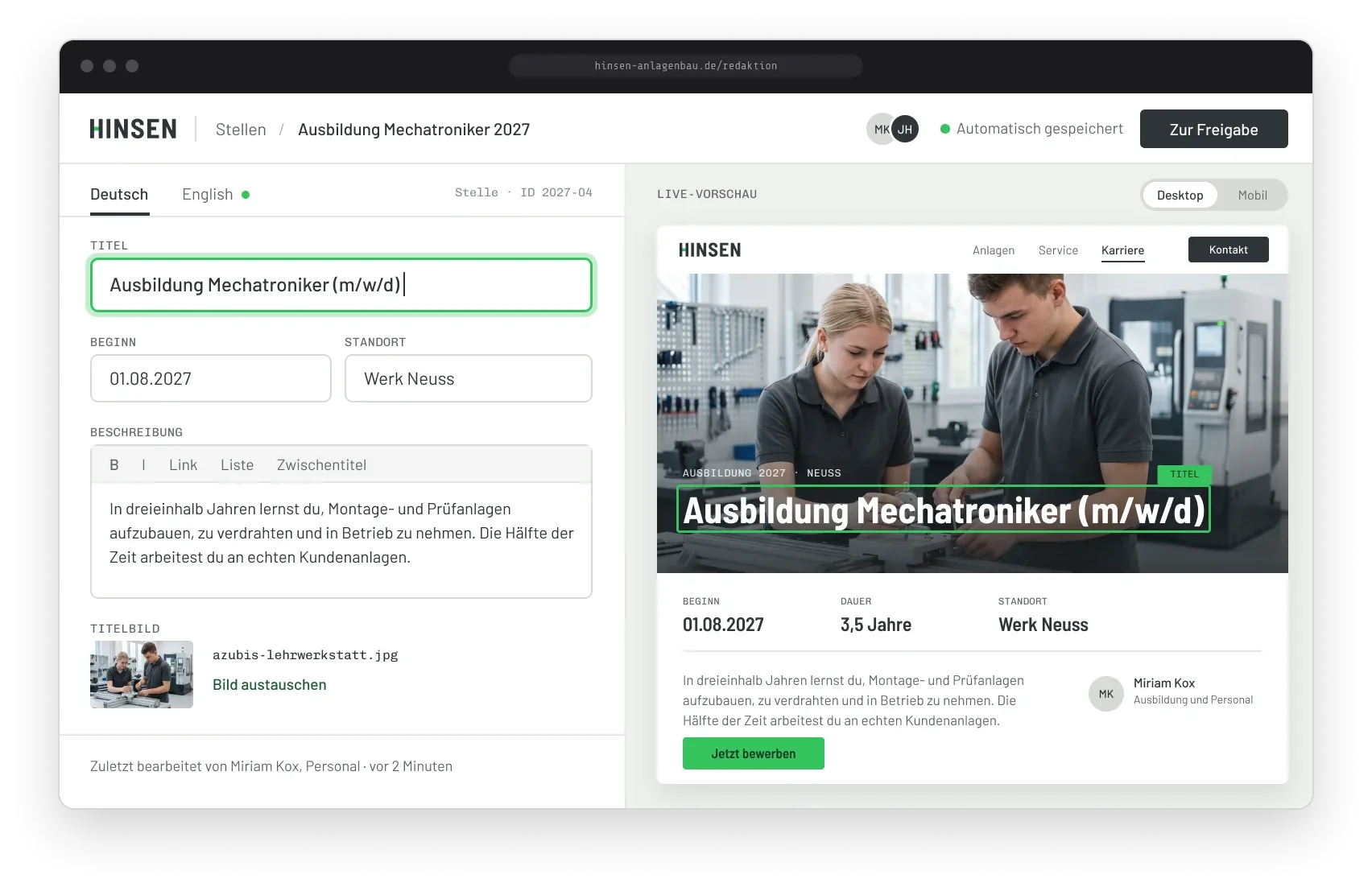 Beispiel aus dem Konzept HINSEN Anlagenbau: Im Redaktionssystem wird eine Stellenanzeige bearbeitet, daneben zeigt die Live-Vorschau die Karriereseite