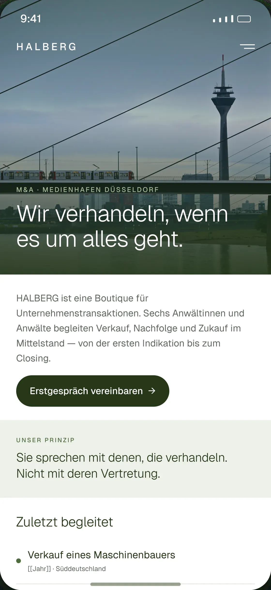 Mobile Unterseite der Kanzlei Halberg mit Brückenbild und dem Leitsatz der Kanzlei