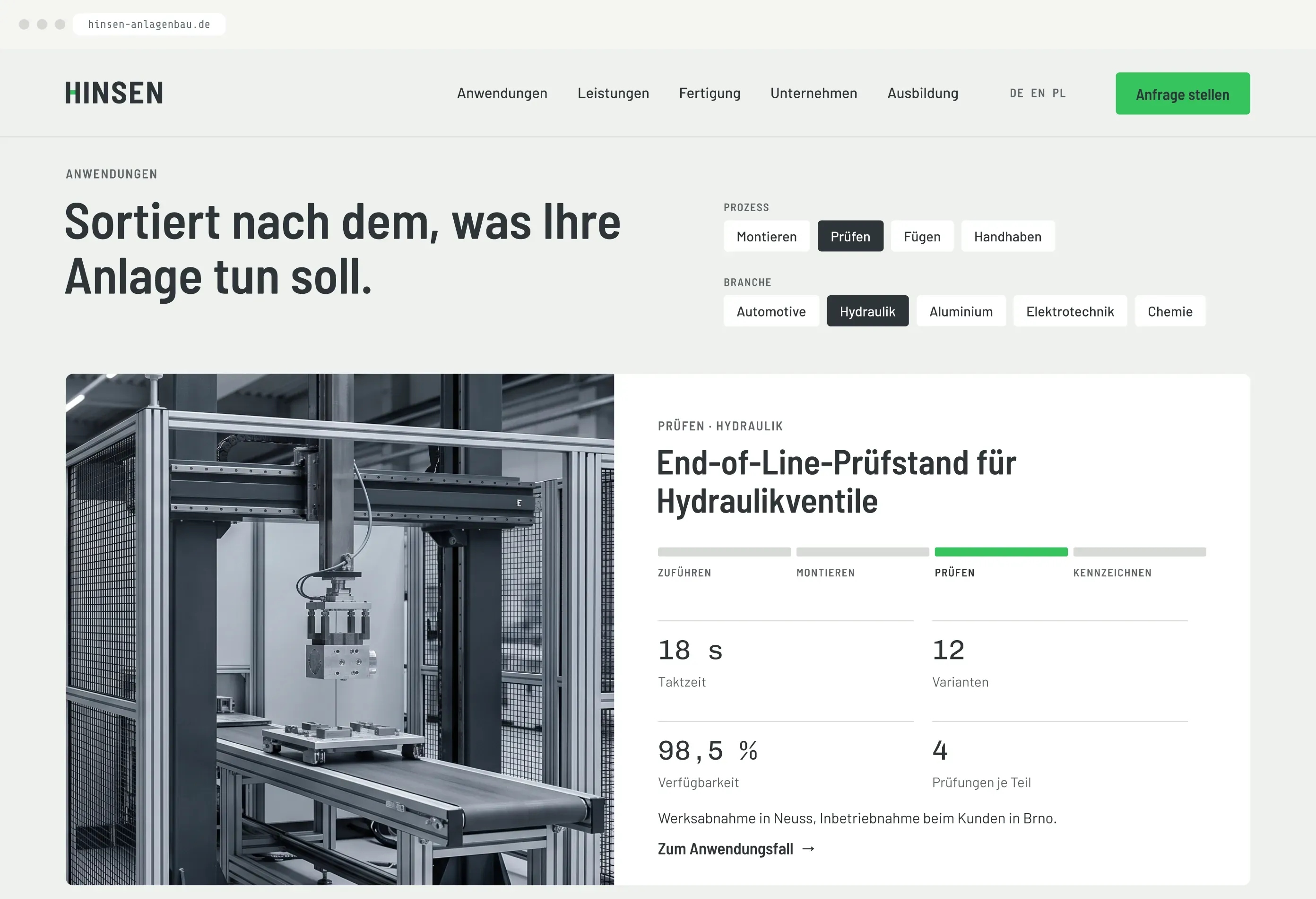 Seite „Anwendungen“ von HINSEN im Browser: Filter nach Prozess und Branche, darunter der End-of-Line-Prüfstand für Hydraulikventile mit 18 Sekunden Taktzeit und 98,5 % Verfügbarkeit