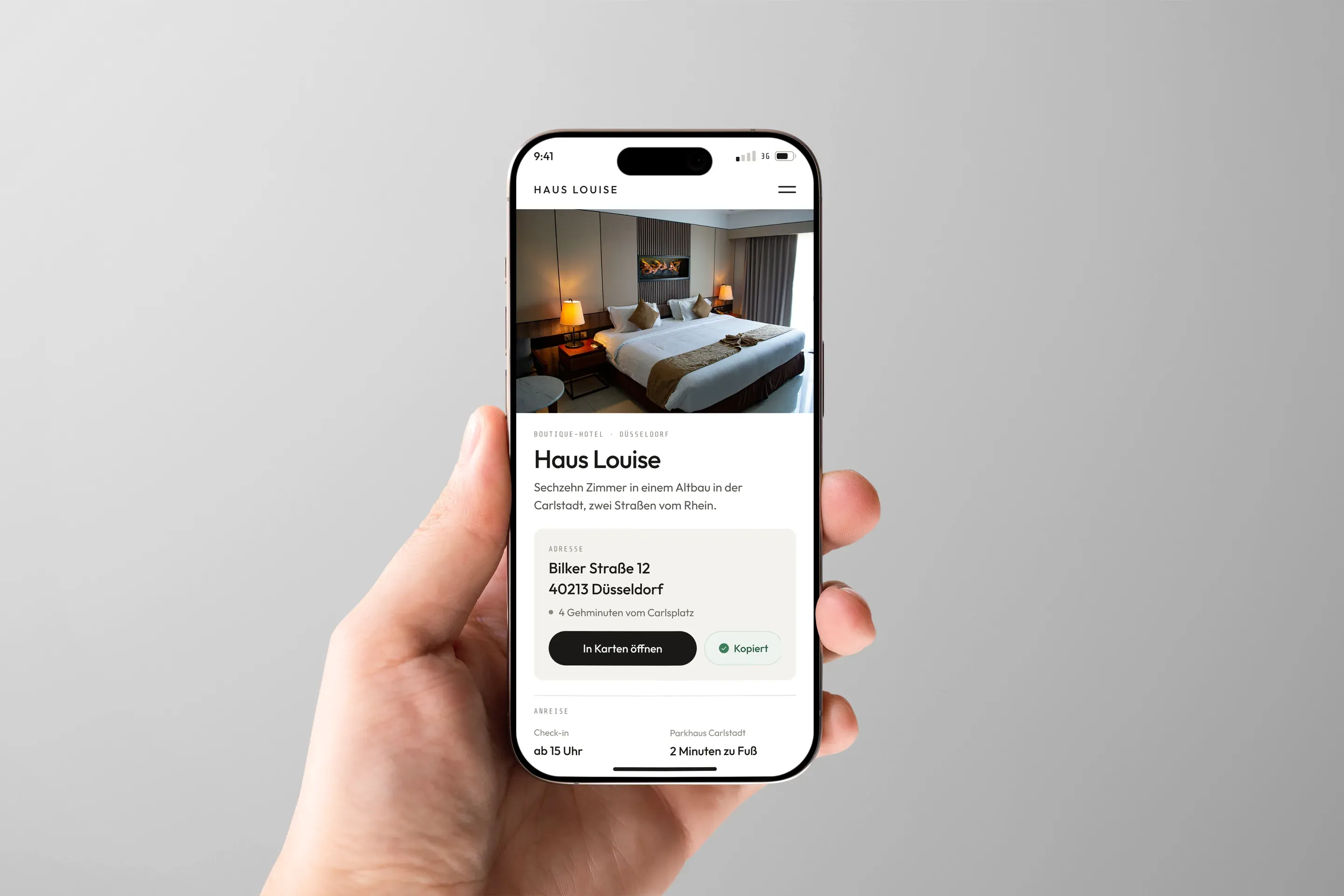 Mobile Website eines Hotels in Düsseldorf auf einem iPhone