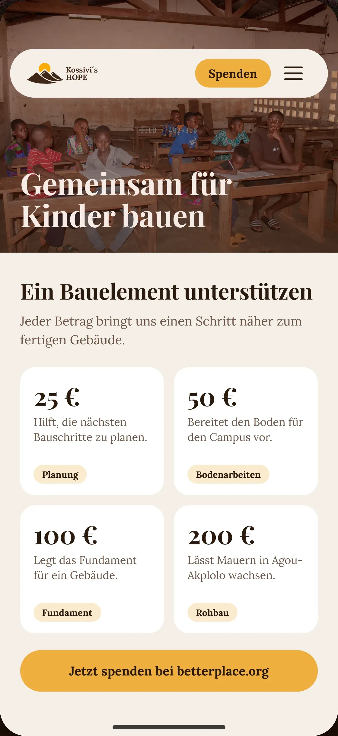 Spendenseite von Kossivi’s Hope auf dem Handy mit Bausteinen von 25 bis 200 Euro