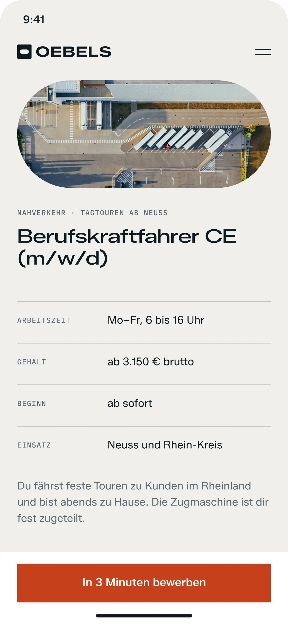 Mobile Stellenanzeige von OEBELS: Berufskraftfahrer CE im Nahverkehr mit Arbeitszeit, Gehalt und Button „In 3 Minuten bewerben“