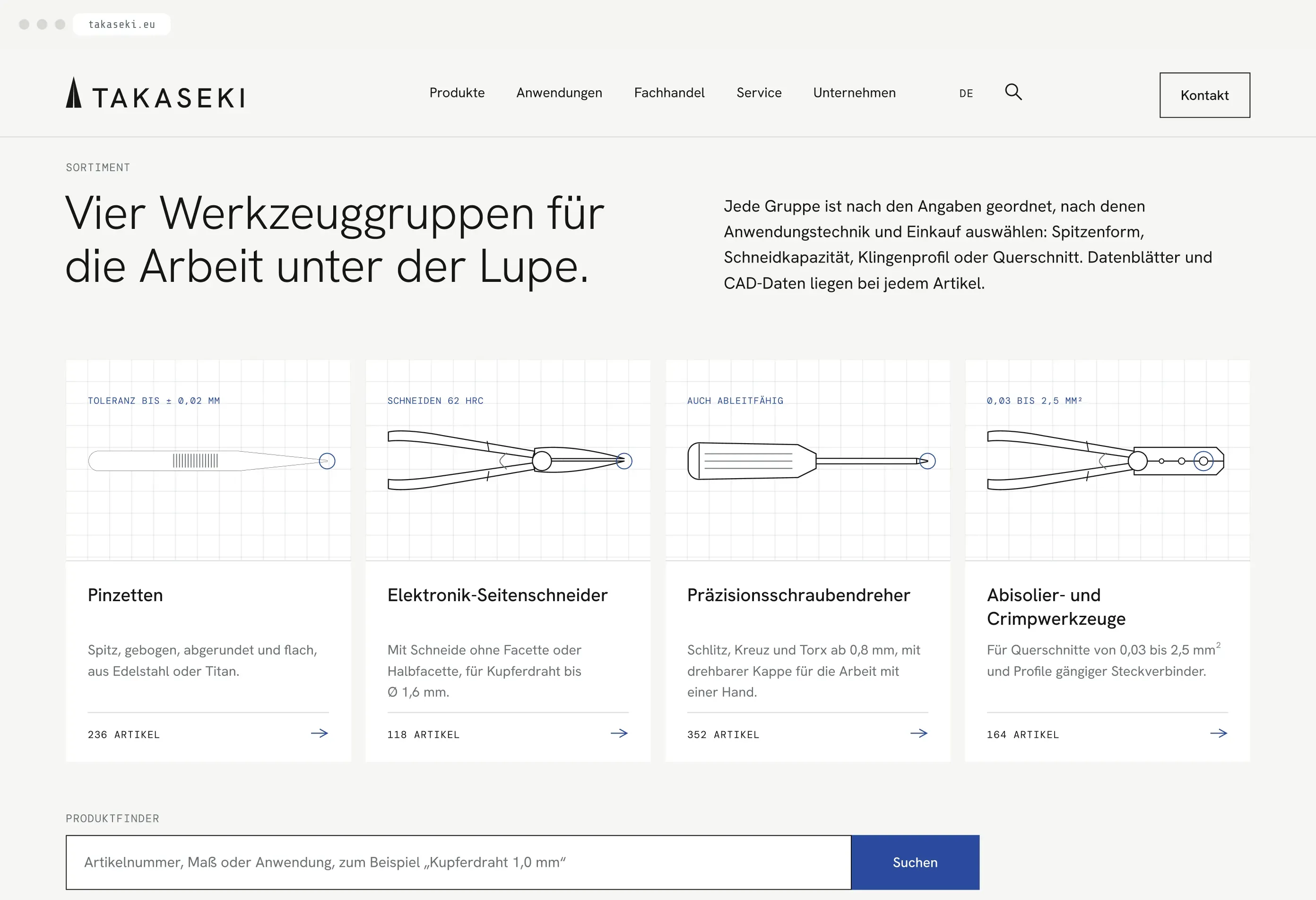Sortimentsseite von Takaseki im Browser: Pinzetten, Elektronik-Seitenschneider, Präzisionsschraubendreher sowie Abisolier- und Crimpwerkzeuge als Zeichnungen, darunter der Produktfinder