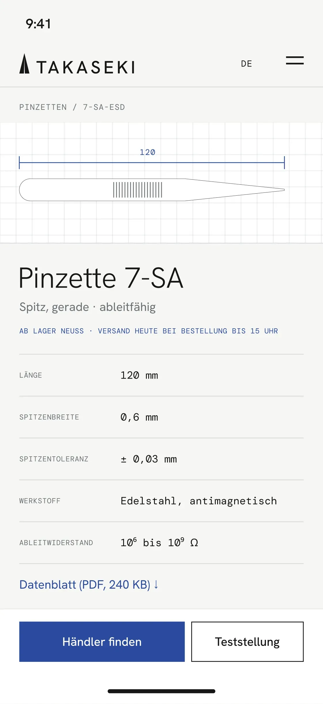 Mobile Produktseite der Pinzette 7-SA: Maßzeichnung mit 120 mm, Tabelle mit Spitzenbreite, Toleranz und Werkstoff, darunter die Buttons „Händler finden“ und „Teststellung“